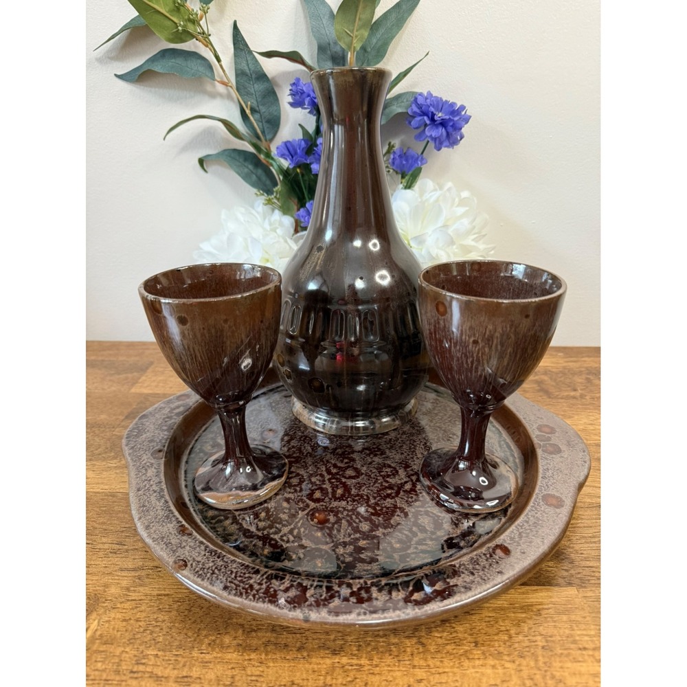 Vintage Blue Mountain‎ Pottery Wine Decanter Set Jug Goblets Tray Canadian